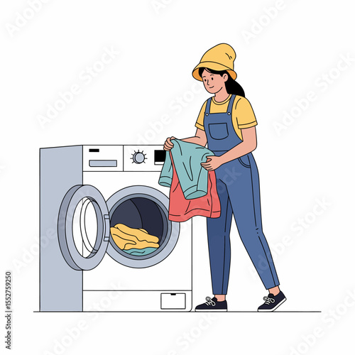 Woman in overalls and hat loading laundry into washing machine