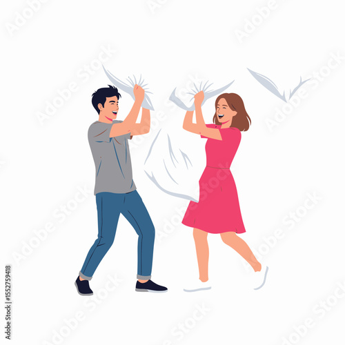 Couple Having Fun Pillow Fight Exciting Leisure Activity