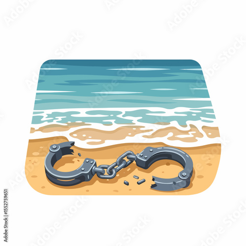 Broken Handcuffs on Sandy Beach with Ocean Waves Symbolizing Freedom and Escape