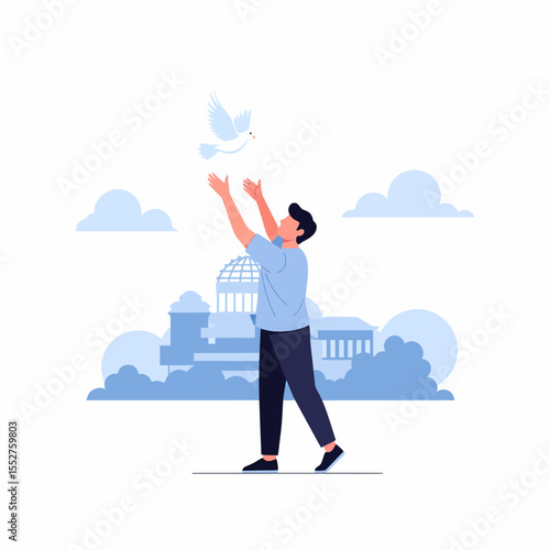 Man releasing white dove into sky with iconic building background symbolizing peace and freedom