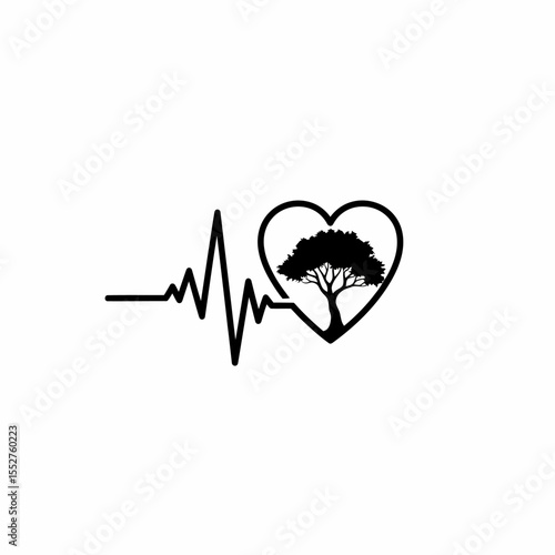 Heartbeat line with tree inside heart symbol on white background representing health and nature