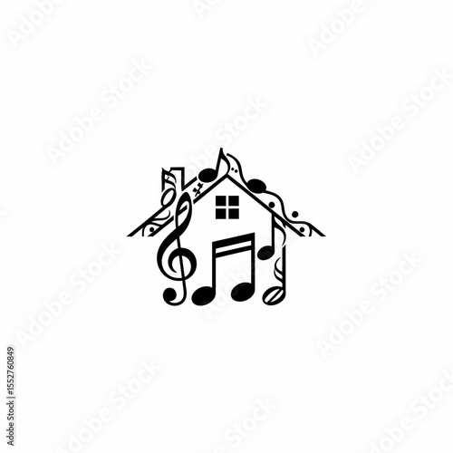 Musical House Logo Design Featuring Notes and Treble Clef for Creative Concepts