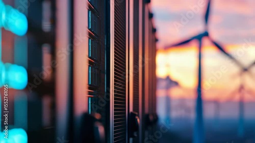 Sunset transition from modern servers to renewable energy wind turbines