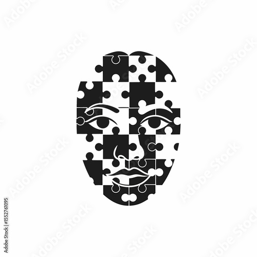 Abstract Face Made of Puzzle Pieces Isolated on White Background Graphic Design Element