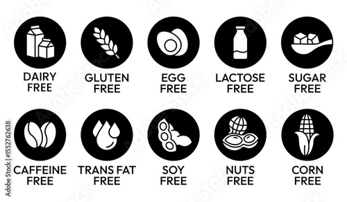 Set allergen free icons. Allergen free label products. Free lactose, gluten, sugar, corn, egg, trans fat, dairy, soy, nuts, caffeine, symbol, logo, badge, black, vector, isolated on white background.