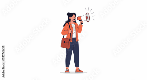 Pixel Art Woman with Megaphone Announcing Message with Sound Waves