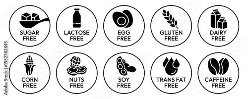 Set allergen free icons. Allergen free label products. Free lactose, gluten, sugar, corn, egg, trans fat, dairy, soy, nuts, caffeine, symbol, logo, badge, black, vector, isolated on white background.