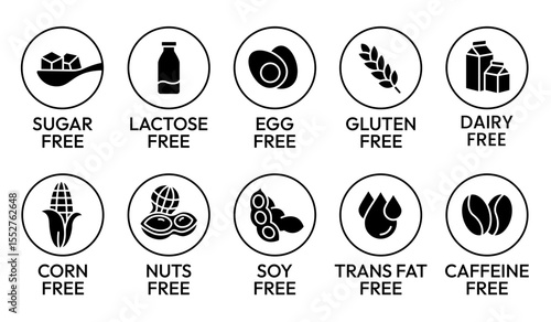 Set allergen free icons. Allergen free label products. Free lactose, gluten, sugar, corn, egg, trans fat, dairy, soy, nuts, caffeine, symbol, logo, badge, black, vector, isolated on white background.