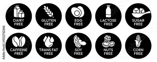 Set allergen free icons. Allergen free label products. Free lactose, gluten, sugar, corn, egg, trans fat, dairy, soy, nuts, caffeine, symbol, logo, badge, black, vector, isolated on white background.