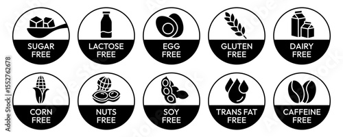 Set allergen free icons. Allergen free label products. Free lactose, gluten, sugar, corn, egg, trans fat, dairy, soy, nuts, caffeine, symbol, logo, badge, black, vector, isolated on white background.