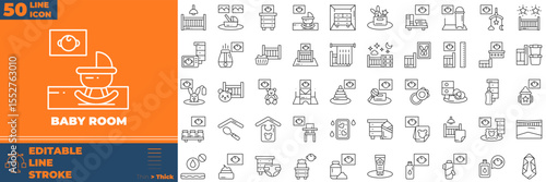 Baby Room Line Editable Icons set. Vector illustration in modern thin line style of baby room icons: bed, furniture, carpet, floor lamp, etc
