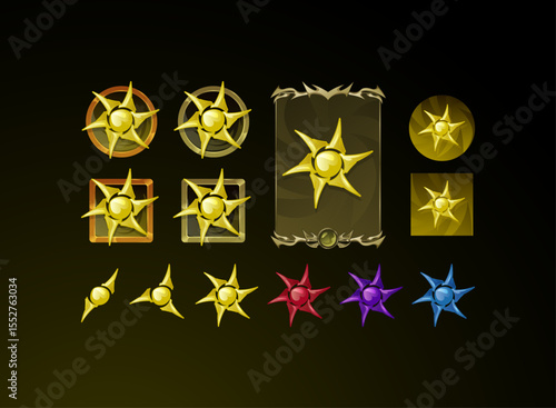 aset of fantasy gothic medieval button, skill symbol and card design with sun bright magic elements in yellow and various color