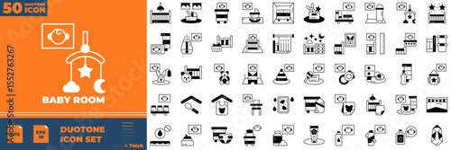 Baby Room Duotone Editable Icons set. Vector illustration in modern thin duotone style of baby room icons: bed, furniture, carpet, floor lamp, etc