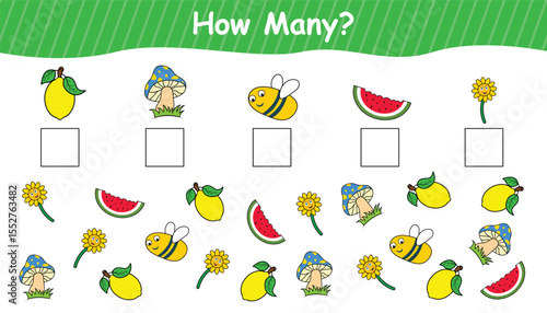 How many. count all object and write the number into box. math game for kids. counting game with cute objects. vector illustration