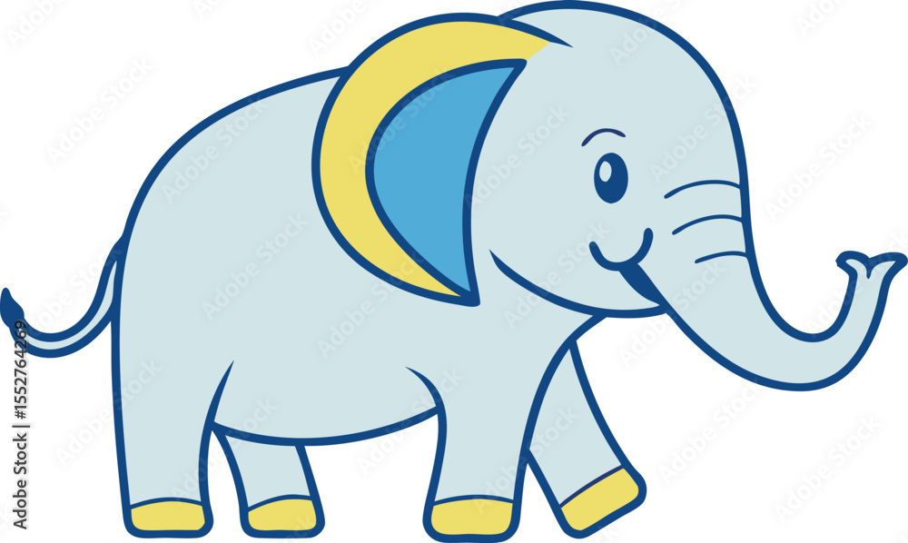 Fototapeta premium Cute cartoon baby elephant walking with blue and yellow accents