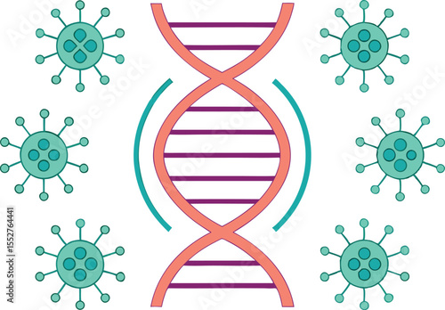 D N A strand surrounded by virus icons science biology