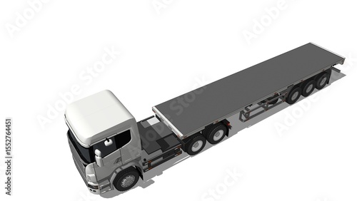 Rendered image of a white semi-truck with a gray flatbed trailer, from an isometric perspective against a white background. Related to logistics, heavy haulage, transportation industry, supply chain