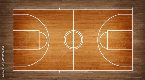 Overhead view of a polished hardwood basketball court, showcasing the center circle, free-throw lines, and key areas, all marked with crisp white lines against a rich brown wood grain
