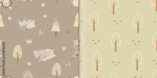 Cute safari animal and forest seamless pattern. Lion, elephant, zebra and giraffe background. For wallpaper, print, wrapping paper, fabric, kids fashion, baby apparel