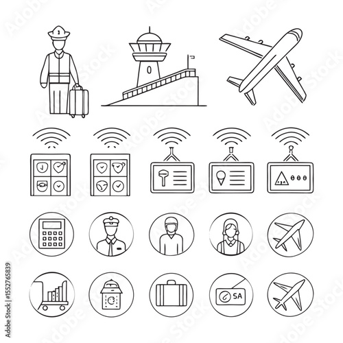 Airport Icons Line Art Set for Travel and Aviation Design