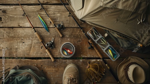 Fishing Gear and Accessories on Wooden Deck