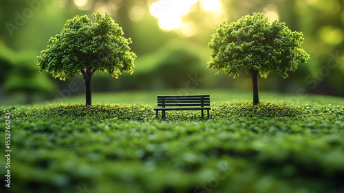 Wooden bench placed between two trees in a lush green park with sunlight filtering through the foliage in a realistic 3D rendering