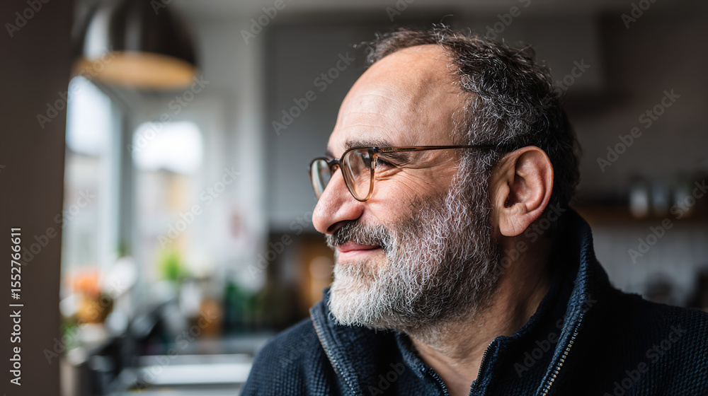 Fototapeta premium Thoughtful bearded man in glasses, warm light on his face. Wisdom and quiet confidence in a modern portrait.