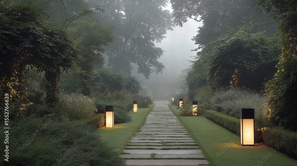 Fototapeta premium Misty Garden Path Lit At Night