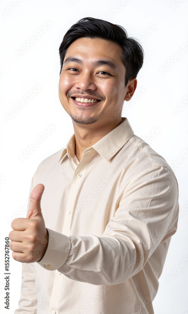 Smiling Asian Man Thumbs Up Portrait Isolated A medium shot photo features a smiling Asian man wearing a light beige Smiling Asian Man Thumbs Up Portrait Isolated A medium shot photo features a smiling Asian man wearing a light beige