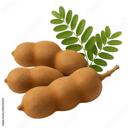 Fresh Ripe Tamarind Pods with Green Leaves – Natural Imli Fruit Isolated on White Background.