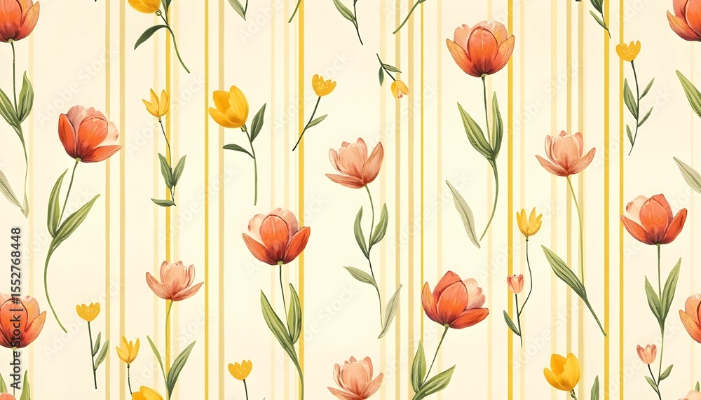 Fototapeta premium Colorful seamless pattern with hand-painted tulips and vertical mustard yellow stripes on ivory background – mid-century modern floral fabric design for wallpaper, textiles, wrapping paper, and decor 