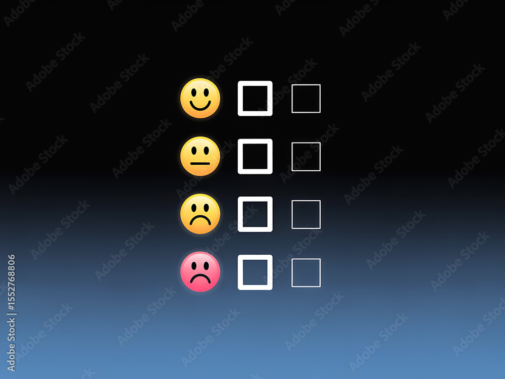 Obraz premium Black UI with vertical emoji satisfaction levels and unchecked boxes for feedback rating