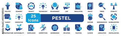 PESTEL icon collection set. Containing politics,economy,society,technology,environment,law,regulation,policy,trend,stability icon. dual tone vector.	