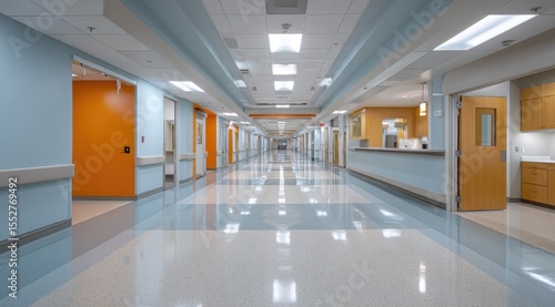 Long, brightly lit hospital corridor with light blue and teal flooring, pale blue and orange walls, and wood-trimmed doors leading to patient rooms