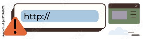 Address bar with http highlighted beside alert triangle. Browser window in background. Ideal for online security, error notification, web development, user interface, caution, cybersecurity, simple
