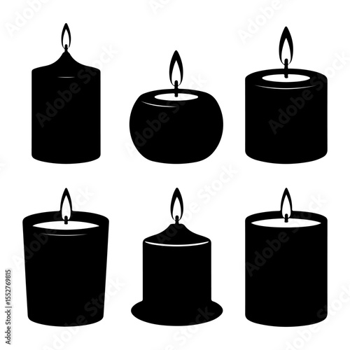 Collection of black silhouette candles with flames
