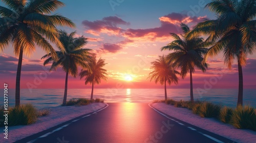 Fototapeta Naklejka Na Ścianę i Meble -  Road lined in Palm Trees,coastal boulevard lined with tall palms on the beach,Beach paradise,Summer beach vibes,Holliday road trip by vehicle.