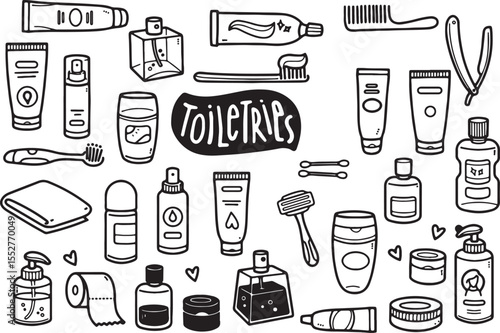 Toiletries Doodle Icons Set – Hygiene, Bathroom Essentials, Grooming, Cosmetic, Travel Kit, Skincare