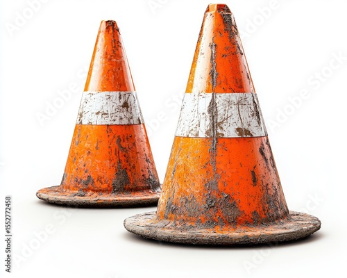 Two weathered traffic cones with white stripes on a clean background