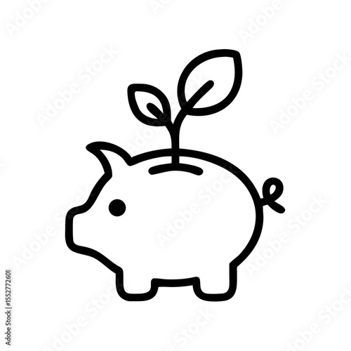 Eco Savings Icon – Piggy Bank with Plant Growth Line Art Symbol