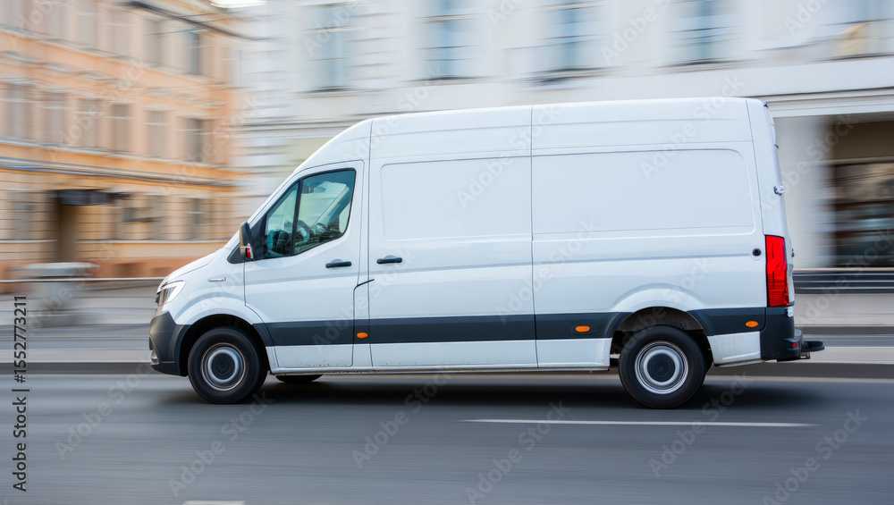White delivery van in motion blur on city street. Commercial cargo van for logistics and transport. Express delivery vehicle on the move White delivery van in motion blur on city street. Commercial cargo van for logistics and transport. Express delivery vehicle on the move