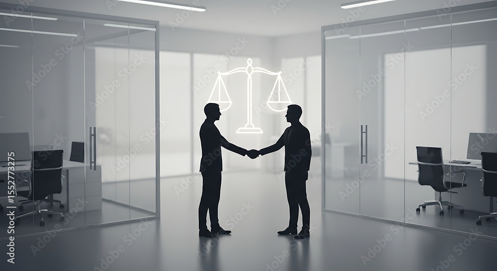 Fototapeta premium Handshake with Scales of Justice in Office - Business Deal