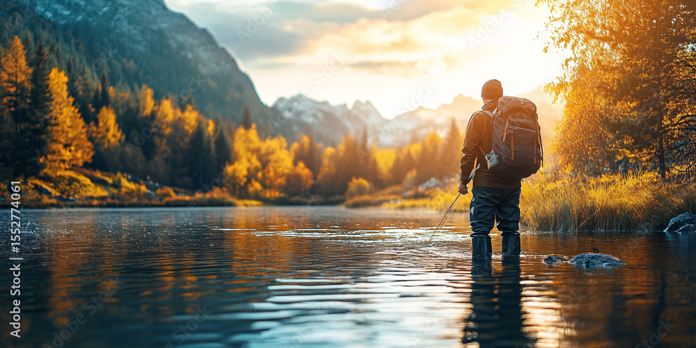Fototapeta premium A lone fisherman stands in a mountain lake during a breathtaking sunset. .
