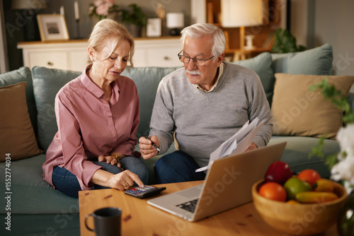 Two senior adults, a man and a woman, sit on a couch at home. They review paperwork and use a calculator with a laptop to discuss their life insurance policy.
