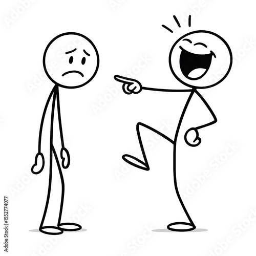 Stick figures display teasing and sadness in a hand drawn illustration, embodying contrasting emotions in simple black and white art.