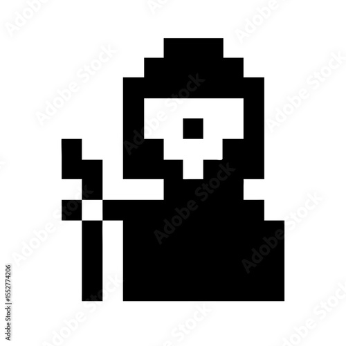 Pixel art grim reaper with scythe isolated on white background