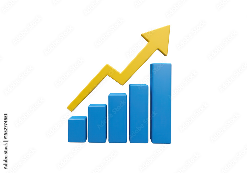 3d icon of blue bar graph with a yellow arrow pointing upwards isolated on transparent background 3d icon of blue bar graph with a yellow arrow pointing upwards isolated on transparent background