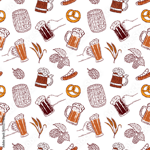 Seamless vector pattern with beer-themed doodles. Features beer mugs, sausages, snacks, and malt. Ideal for bar menus, packaging, backgrounds, festive decor, and themed events