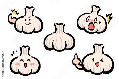 にんにくのゆるキャラの表情バリエーション（元気いっぱい・驚き・笑顔・指差し）