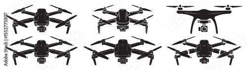 Black Quadcopter Drone Vector Illustration Set
